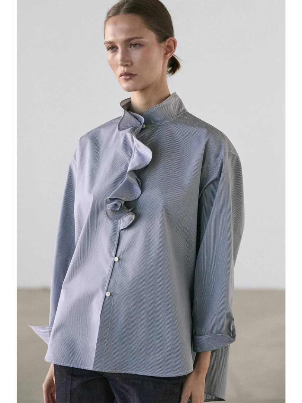 Massimo Dutti Womens Button Blouse Shirt Small Blue Stripe ruffle 5111/711 NWOT